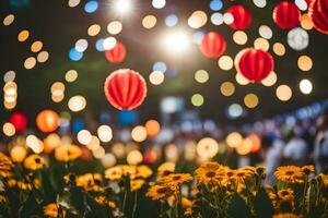 veel rood lantaarns zijn in de voorgrond met geel bloemen. ai-gegenereerd foto