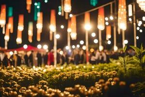 mensen wandelen door een veld- van bloemen Bij nacht. ai-gegenereerd foto