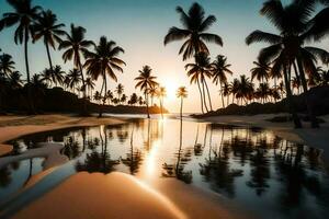 de zon sets over- een strand met palm bomen. ai-gegenereerd foto