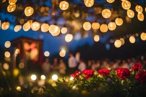 een bruiloft ceremonie met lichten en bloemen. ai-gegenereerd foto