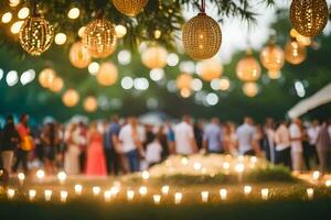 kaarsen en lantaarns zijn hangende van bomen Bij een bruiloft. ai-gegenereerd foto