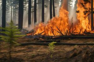 een Woud brand is brandend in de midden- van een Woud. ai-gegenereerd foto