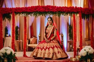een mooi Indisch bruid zittend Aan een rood en goud fase. ai-gegenereerd foto