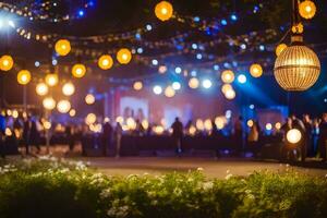 een buitenshuis evenement met veel van lichten en bloemen. ai-gegenereerd foto