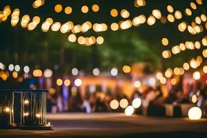 een tafel met kaarsen en lichten in de achtergrond. ai-gegenereerd foto