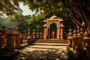 een Mens staand in voorkant van een tempel in de oerwoud. ai-gegenereerd foto