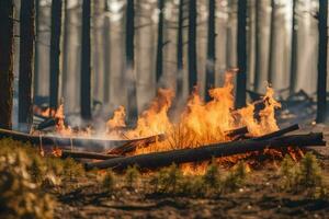 een Woud brand in de midden- van een Woud. ai-gegenereerd foto