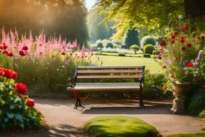 een bank in een tuin omringd door bloemen. ai-gegenereerd foto