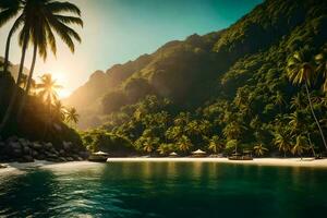 tropisch strand met palm bomen en een boot. ai-gegenereerd foto