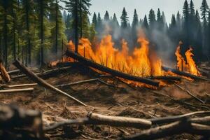 een Woud brand in de midden- van een Woud. ai-gegenereerd foto