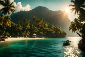 de zon schijnt Aan de strand en de boot is het zeilen in de oceaan. ai-gegenereerd foto