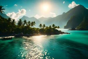 de zon schijnt over- een tropisch eiland met palm bomen. ai-gegenereerd foto