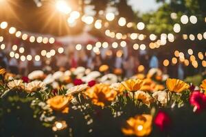 een veld- van bloemen met lichten in de achtergrond. ai-gegenereerd foto