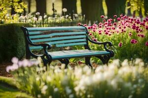 een bank in een tuin omringd door tulpen. ai-gegenereerd foto