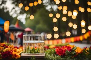 een klein glas kooi met bloemen in voorkant van een tent. ai-gegenereerd foto