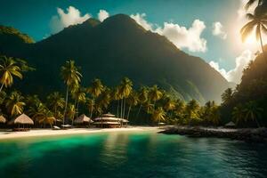 een tropisch strand met palm bomen en hutten. ai-gegenereerd foto