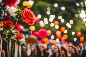 kleurrijk bloemen en ballonnen Bij een bruiloft. ai-gegenereerd foto