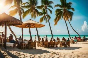 mensen zittend Bij tafels Aan de strand met palm bomen. ai-gegenereerd foto