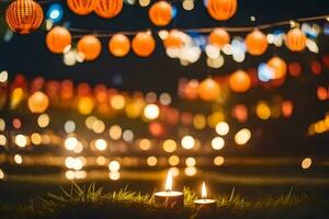 kaarsen zijn lit in de gras met een achtergrond van lichten. ai-gegenereerd foto