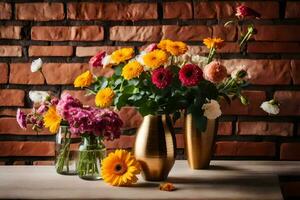 een vaas met bloemen Aan een tafel in voorkant van een steen muur. ai-gegenereerd foto