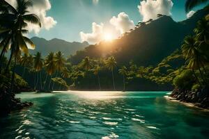 tropisch eiland met palm bomen en water. ai-gegenereerd foto
