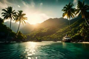 een boot is het zeilen Aan de oceaan in de buurt palm bomen. ai-gegenereerd foto