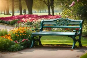 een park bank in voorkant van een tuin met bloemen. ai-gegenereerd foto