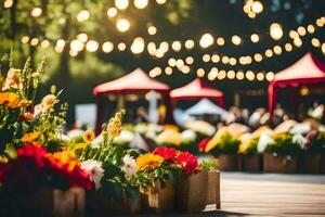 bloemen in houten dozen Aan een houten dek. ai-gegenereerd foto