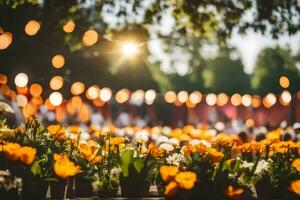 een bloem tuin met oranje en geel bloemen. ai-gegenereerd foto