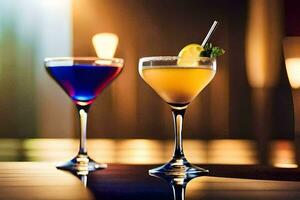 twee cocktails zitten Aan een tafel in voorkant van een helder licht. ai-gegenereerd foto