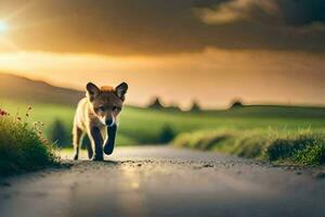 een vos wandelen naar beneden een weg Bij zonsondergang. ai-gegenereerd foto