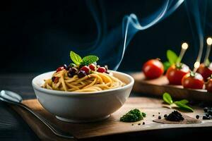 spaghetti met tomaten en basilicum Aan een houten bord. ai-gegenereerd foto