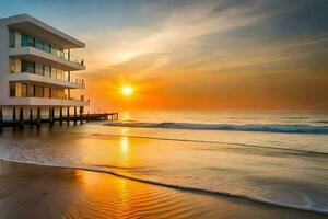 de zon sets over- een strand huis Aan de oever. ai-gegenereerd foto