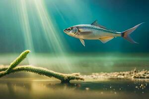 een vis zwemmen in de water met zonlicht schijnend door de water. ai-gegenereerd foto