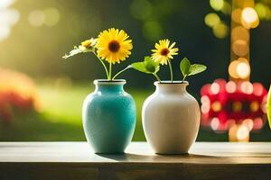 twee vazen met bloemen Aan een tafel. ai-gegenereerd foto