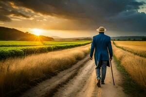 een Mens in een blauw pak en hoed wandelen naar beneden een aarde weg. ai-gegenereerd foto