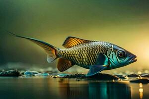 een vis is staand Aan de water met een helder licht achter het. ai-gegenereerd foto