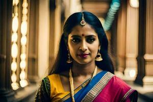 een vrouw in een kleurrijk sari. ai-gegenereerd foto