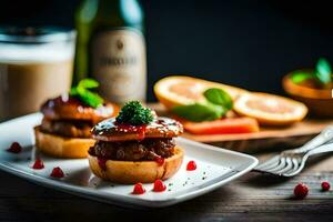 twee mini hamburgers Aan een bord met een glas van wijn. ai-gegenereerd foto