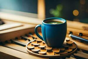 een kop van koffie Aan een houten achtbaan. ai-gegenereerd foto