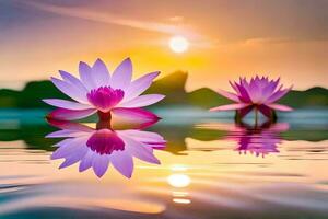 twee roze lotus bloemen zijn weerspiegeld in de water Bij zonsondergang. ai-gegenereerd foto