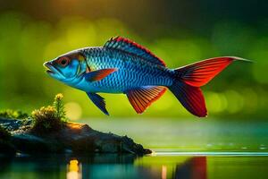 een vis met helder rood en blauw vinnen is zwemmen in de water. ai-gegenereerd foto