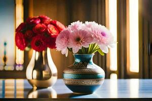 twee vazen met bloemen Aan een tafel. ai-gegenereerd foto