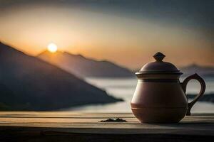 een koffie pot Aan een houten tafel in voorkant van een berg visie. ai-gegenereerd foto