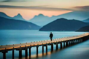 een Mens wandelingen langs een pier in voorkant van bergen. ai-gegenereerd foto