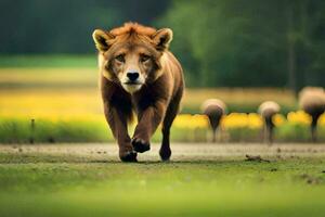 een leeuw wandelen aan de overkant een veld- met andere dieren. ai-gegenereerd foto