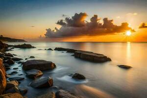 de zon sets over- de oceaan en rotsen. ai-gegenereerd foto