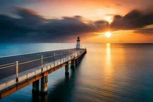 een lang blootstelling fotograaf van een vuurtoren Aan een pier. ai-gegenereerd foto