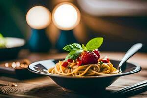 een bord van pasta met een aardbei en basilicum blad. ai-gegenereerd foto