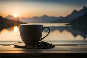 koffie kop en bonen Aan de tafel met de zon instelling over- de meer. ai-gegenereerd foto